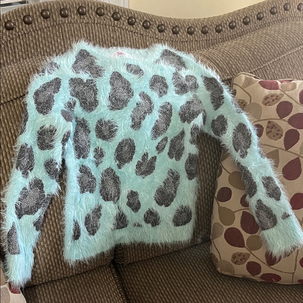 Justice Fuzzy Leopard Print Sweater - Mint and Black